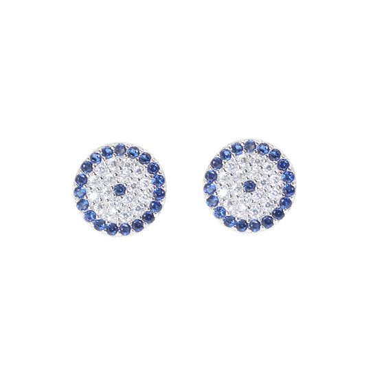 Sapphire and white zircon 10mm round shape evil eye silver 925 earrings