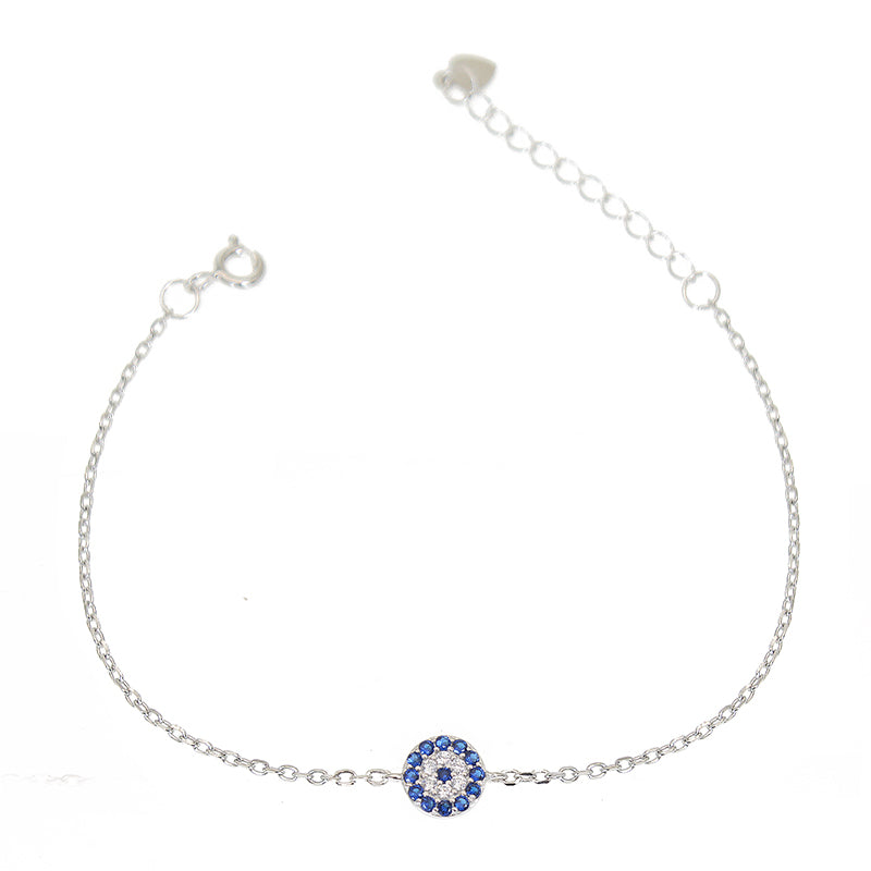 Sapphire and white zircon 8mm round shape evil eye silver 925 bracelet