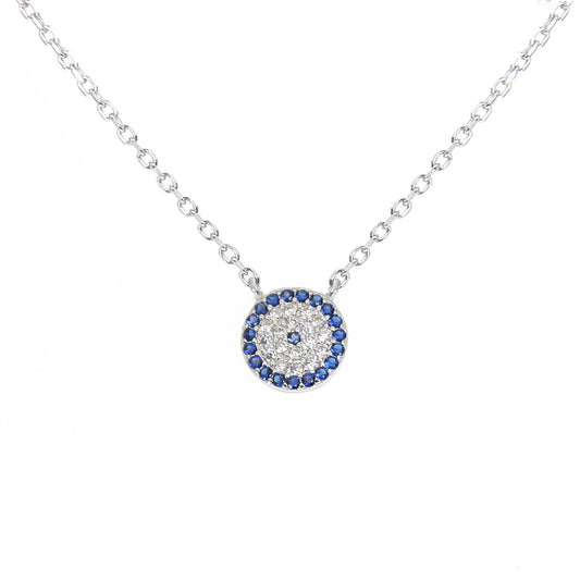 Silver House Sapphire and White Zircon 10mm Round Shape Evil Eye Silver 925 Necklace