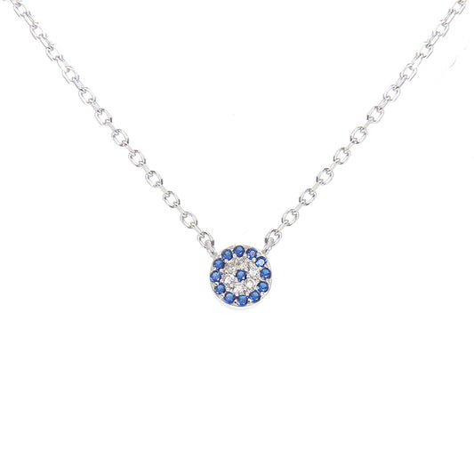 Sapphire and white zircon 8mm round shape evil eye silver 925 necklace