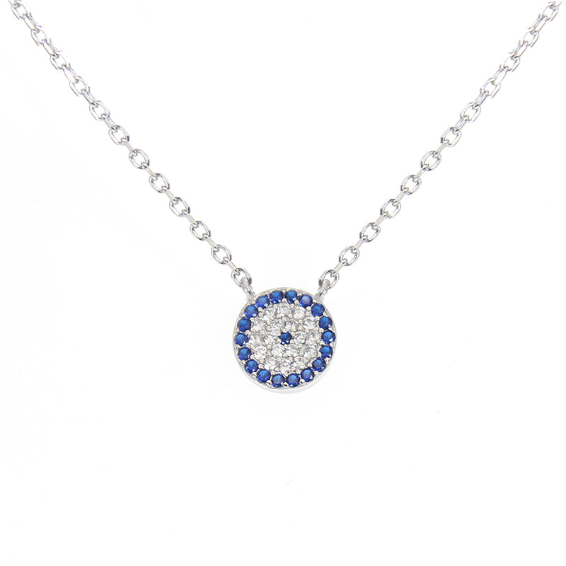 Sapphire and white zircon 9mm round shape evil eye silver 925 necklace