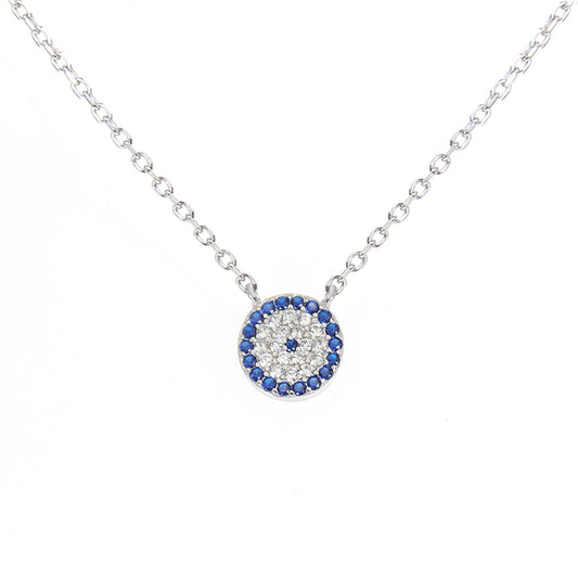 Sapphire and white zircon 9mm round shape evil eye silver 925 necklace