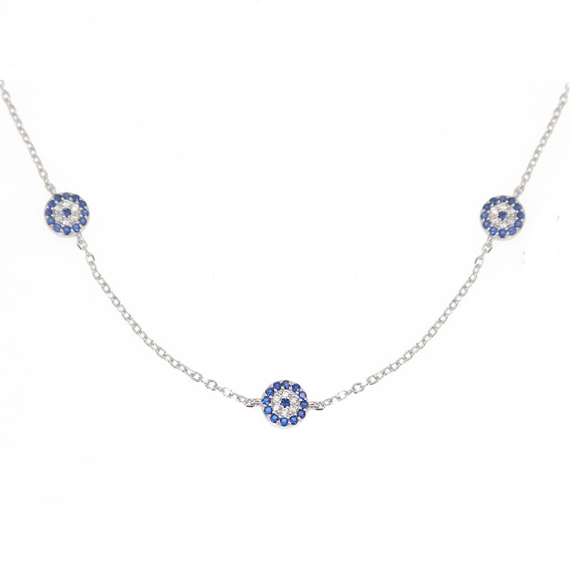 Sapphire and white zircon 8mm round shape 3 evil eyes silver 925 necklace