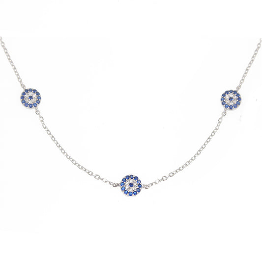 Sapphire and white zircon 8mm round shape 3 evil eyes silver 925 necklace