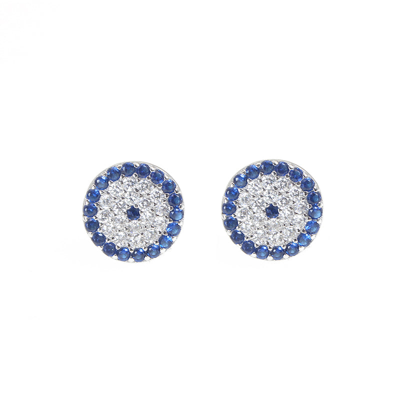 Sapphire and white zircon 9mm round shape evil eye silver 925 earrings